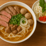 Pho Bo Vietnamita Tradicional, a sopa icônica com caldo de carne perfumado, noodles de arroz, fatias de filé e ervas frescas.