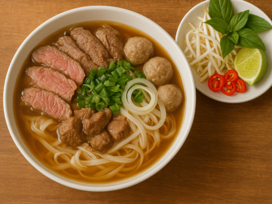 Pho Bo Vietnamita Tradicional, a sopa icônica com caldo de carne perfumado, noodles de arroz, fatias de filé e ervas frescas.