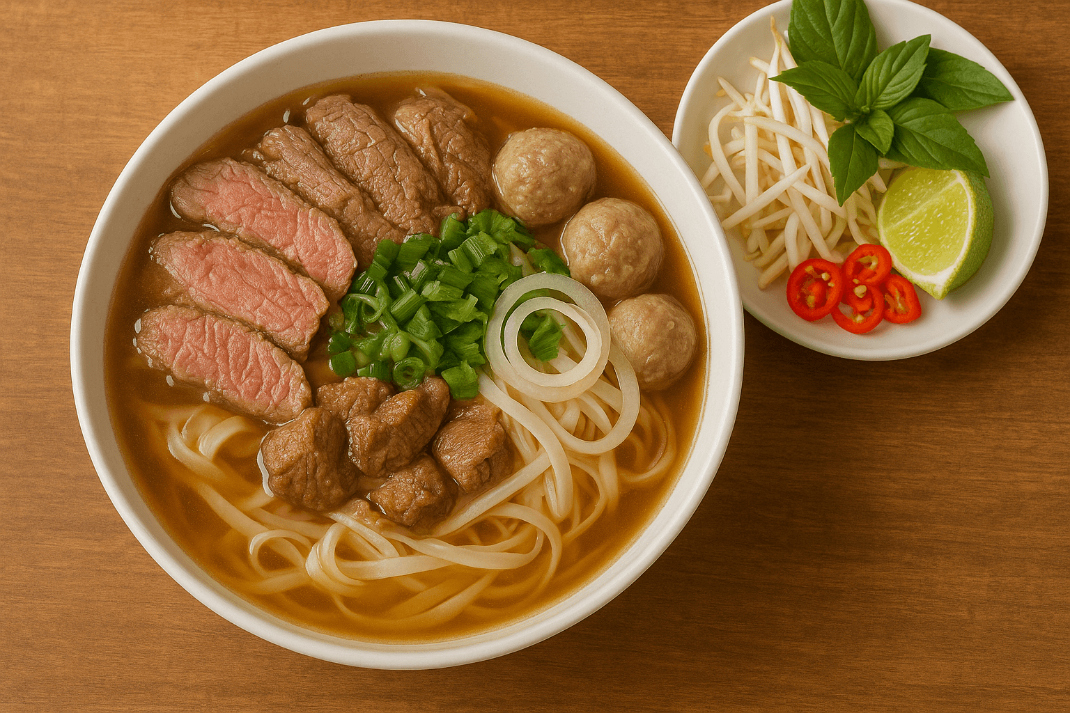 Pho Bo Vietnamita Tradicional, a sopa icônica com caldo de carne perfumado, noodles de arroz, fatias de filé e ervas frescas.