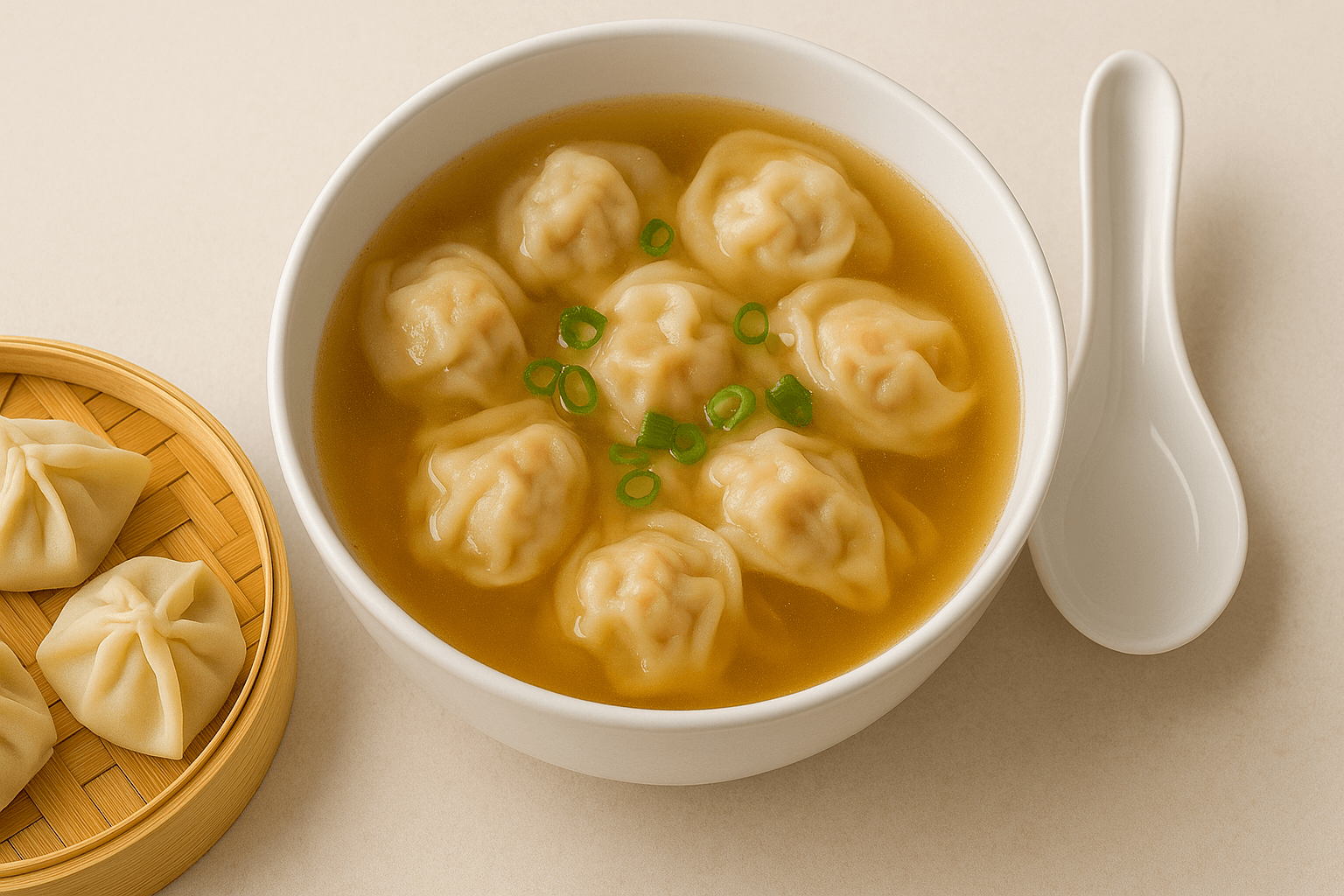 Receita de Wonton Soup autêntica, sopa chinesa com pastinhas (wontons) recheadas de porco e camarão em um caldo claro e aromático.