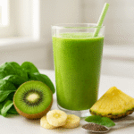 Smoothie verde energético para pré-treino, feito com espinafre, abacate, banana e kiwi, uma bebida nutritiva e revitalizante.