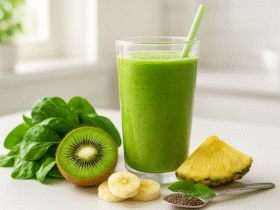 Smoothie verde energético para pré-treino, feito com espinafre, abacate, banana e kiwi, uma bebida nutritiva e revitalizante.