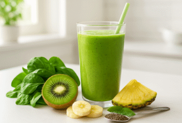 Smoothie verde energético para pré-treino, feito com espinafre, abacate, banana e kiwi, uma bebida nutritiva e revitalizante.