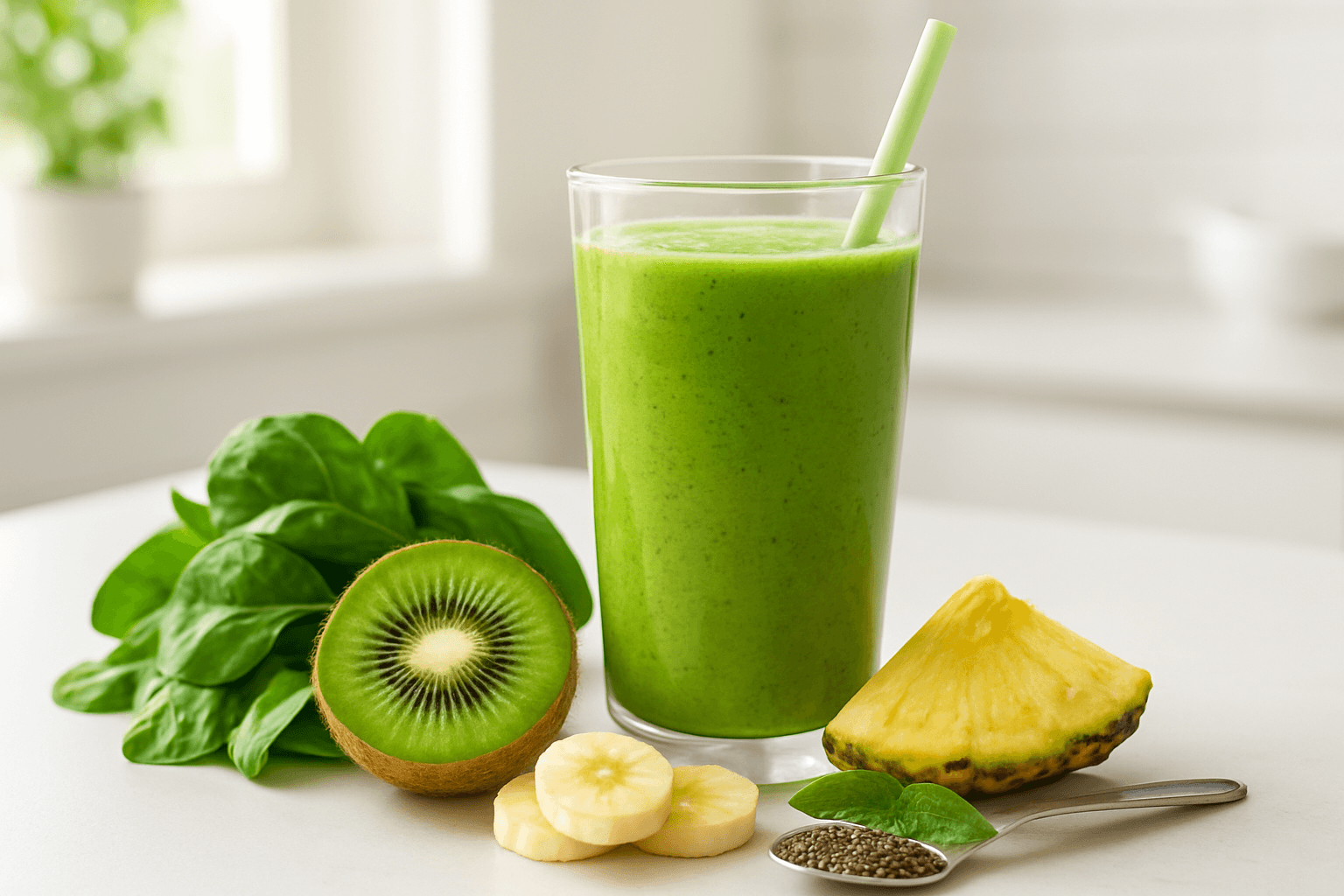 Smoothie verde energético para pré-treino, feito com espinafre, abacate, banana e kiwi, uma bebida nutritiva e revitalizante.
