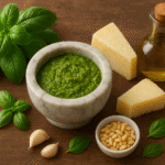 Molho pesto genovês autêntico feito no pilão, com manjericão fresco, pinoli, queijos Parmigiano e Pecorino, azeite e alho.