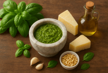 Molho pesto genovês autêntico feito no pilão, com manjericão fresco, pinoli, queijos Parmigiano e Pecorino, azeite e alho.