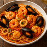 Frutti di Mare Pasta, prato italiano autêntico com massa, camarões, lulas, vieiras e mexilhões em molho de tomate fresco.