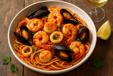 Frutti di Mare Pasta, prato italiano autêntico com massa, camarões, lulas, vieiras e mexilhões em molho de tomate fresco.