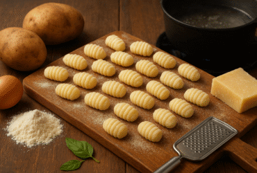 Receita de gnocchi de batata caseiro, massa italiana feita com batata, farinha e ovo, mostrando a textura perfeita e os sulcos característicos.