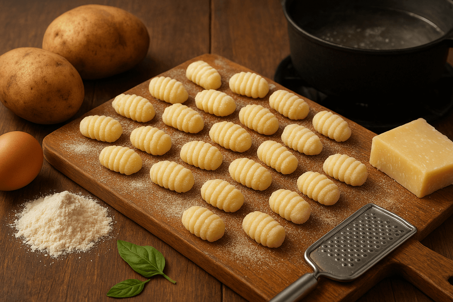 Receita de gnocchi de batata caseiro, massa italiana feita com batata, farinha e ovo, mostrando a textura perfeita e os sulcos característicos.
