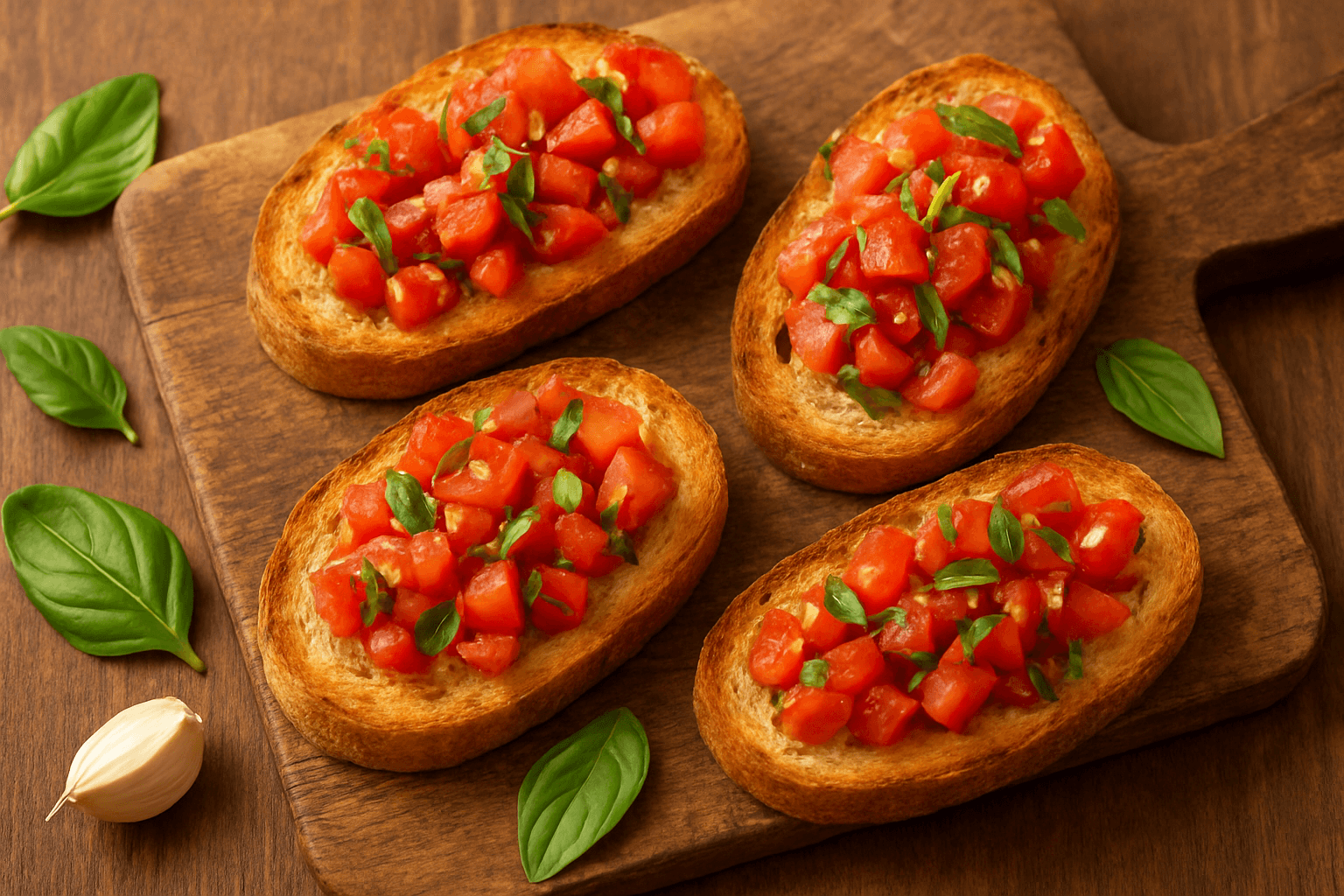 Bruschetta Italiana Tradicional, o antipasto clássico com pão rústico tostado, tomate fresco, manjericão e azeite de oliva.
