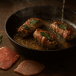 Saltimbocca alla Romana receita autêntica, mostrando os rolinhos de vitela com sálvia e presunto cru dourando na frigideira com molho de vinho.