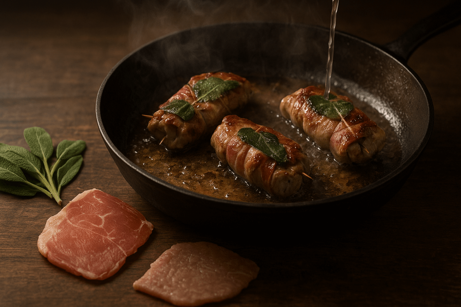 Saltimbocca alla Romana receita autêntica, mostrando os rolinhos de vitela com sálvia e presunto cru dourando na frigideira com molho de vinho.
