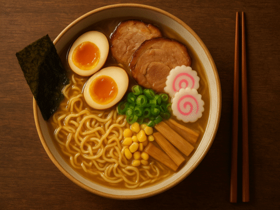 Ramen caseiro do zero, mostrando um bowl com caldo rico, noodles, ovo marinado, chashu pork e outros toppings tradicionais da culinária japonesa.