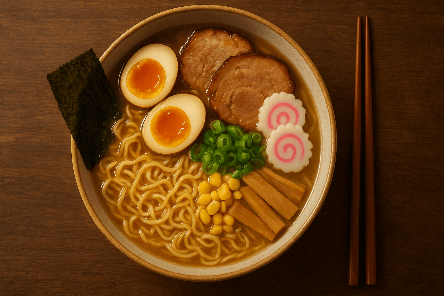 Ramen caseiro do zero, mostrando um bowl com caldo rico, noodles, ovo marinado, chashu pork e outros toppings tradicionais da culinária japonesa.