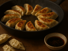 Gyoza caseiro, dumplings japoneses com recheio de porco e repolho, dourados na frigideira e servidos com molho para mergulhar.