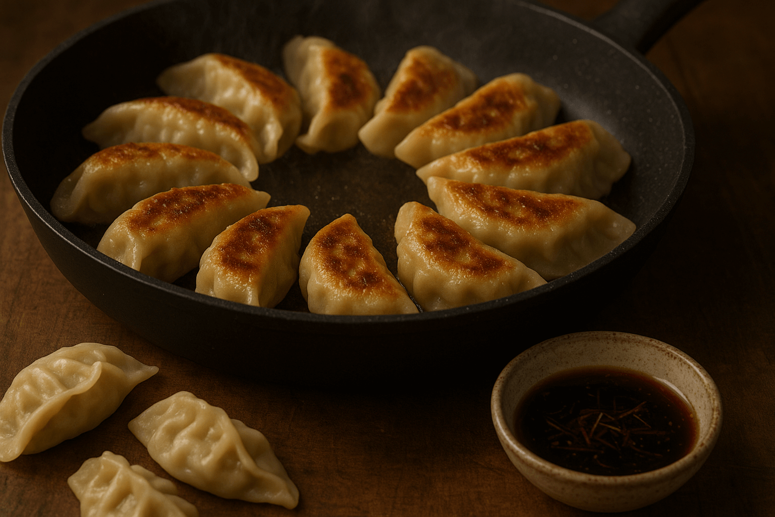 Gyoza caseiro, dumplings japoneses com recheio de porco e repolho, dourados na frigideira e servidos com molho para mergulhar.