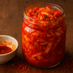 Kimchi caseiro, o tradicional prato coreano de repolho chinês fermentado com pasta de pimenta, alho, gengibre e molho de peixe.