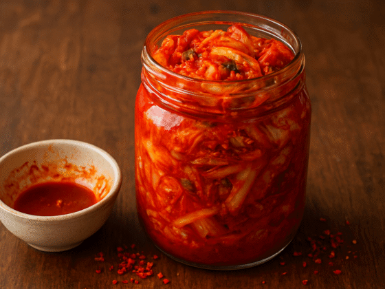 Kimchi caseiro, o tradicional prato coreano de repolho chinês fermentado com pasta de pimenta, alho, gengibre e molho de peixe.