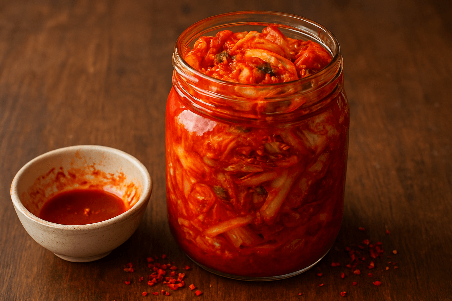 Kimchi caseiro, o tradicional prato coreano de repolho chinês fermentado com pasta de pimenta, alho, gengibre e molho de peixe.