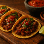 Tacos de Carnitas Caseiros, o prato mexicano com carne de porco cozida lentamente até ficar crocante, servida em tortilhas de milho com cebola, coentro e limão.