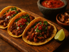Tacos de Carnitas Caseiros, o prato mexicano com carne de porco cozida lentamente até ficar crocante, servida em tortilhas de milho com cebola, coentro e limão.