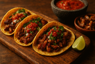 Tacos de Carnitas Caseiros, o prato mexicano com carne de porco cozida lentamente até ficar crocante, servida em tortilhas de milho com cebola, coentro e limão.