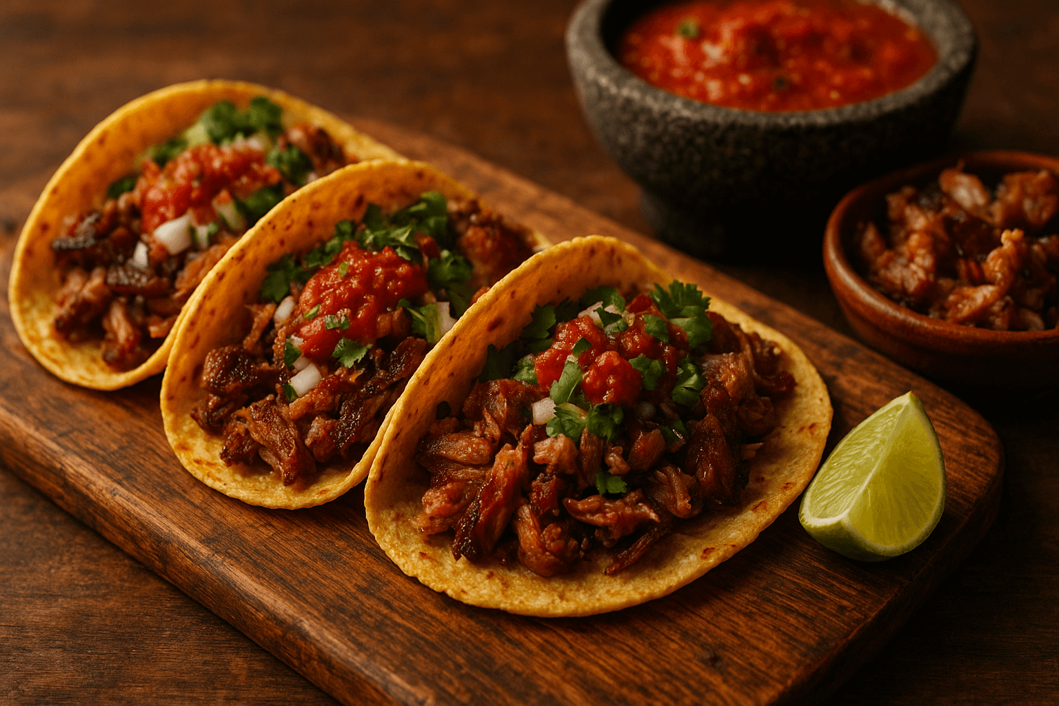 Tacos de Carnitas Caseiros, o prato mexicano com carne de porco cozida lentamente até ficar crocante, servida em tortilhas de milho com cebola, coentro e limão.