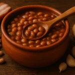 Feijão Pinto, receita autêntica de feijão mexicano cremoso, servido em uma panela de barro com bacon, cebola e alho.