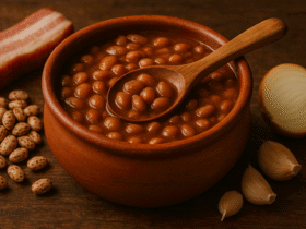 Feijão Pinto, receita autêntica de feijão mexicano cremoso, servido em uma panela de barro com bacon, cebola e alho.