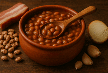 Feijão Pinto, receita autêntica de feijão mexicano cremoso, servido em uma panela de barro com bacon, cebola e alho.