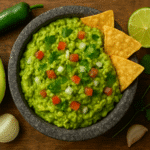 Guacamole autêntico, o molho mexicano cremoso de abacate feito no molcajete, com cebola, coentro, tomate e limão.