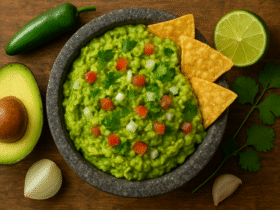 Guacamole autêntico, o molho mexicano cremoso de abacate feito no molcajete, com cebola, coentro, tomate e limão.