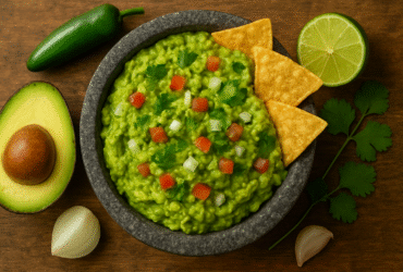 Guacamole autêntico, o molho mexicano cremoso de abacate feito no molcajete, com cebola, coentro, tomate e limão.