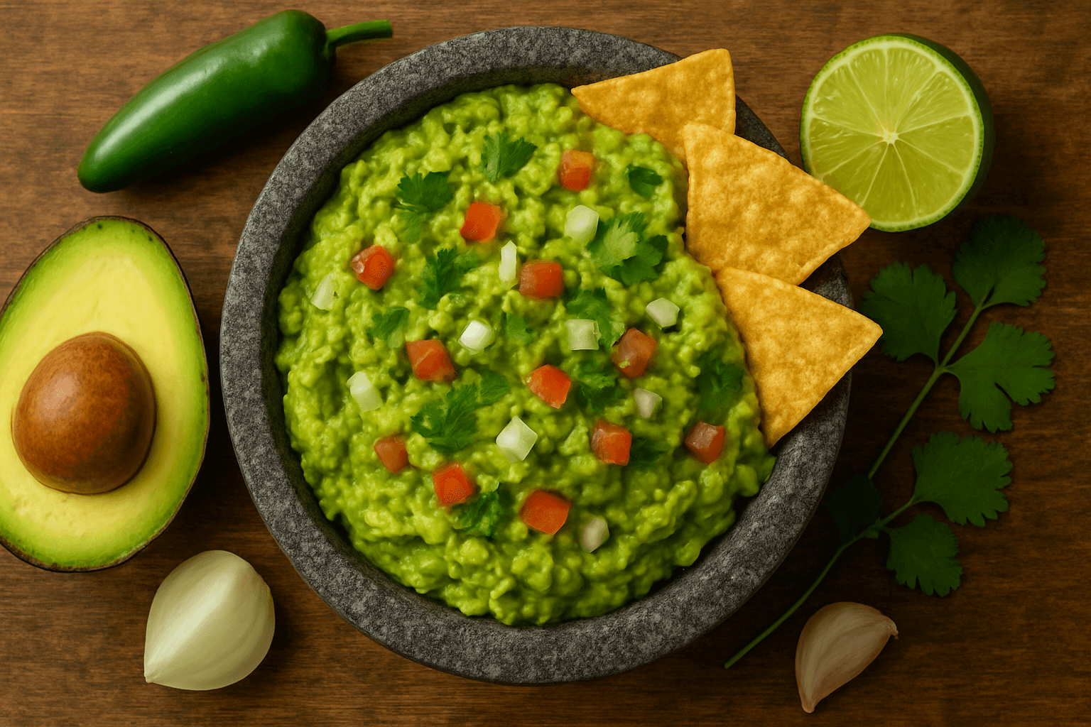 Guacamole autêntico, o molho mexicano cremoso de abacate feito no molcajete, com cebola, coentro, tomate e limão.