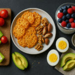 Variedade de lanches low carb para o dia a dia, incluindo palitos de pepino com cream cheese, chips de queijo, mix de castanhas e iogurte com frutas vermelhas.