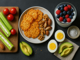 Variedade de lanches low carb para o dia a dia, incluindo palitos de pepino com cream cheese, chips de queijo, mix de castanhas e iogurte com frutas vermelhas.