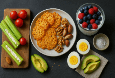 Variedade de lanches low carb para o dia a dia, incluindo palitos de pepino com cream cheese, chips de queijo, mix de castanhas e iogurte com frutas vermelhas.