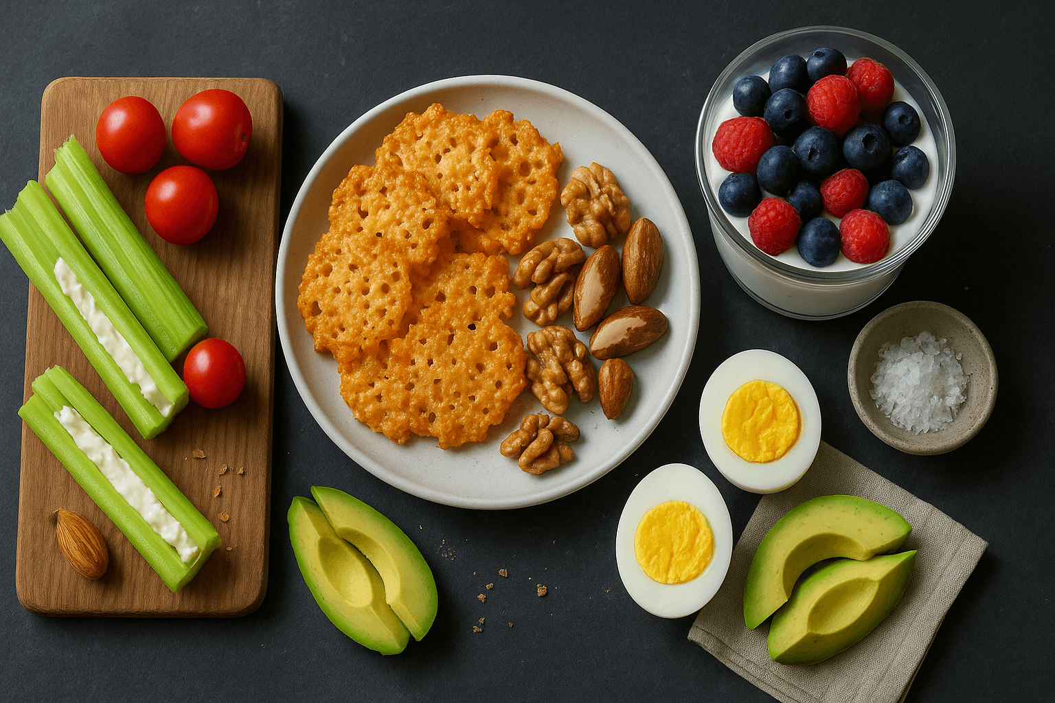 Variedade de lanches low carb para o dia a dia, incluindo palitos de pepino com cream cheese, chips de queijo, mix de castanhas e iogurte com frutas vermelhas.