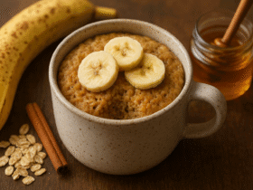 Bolo de caneca de aveia e banana, uma opção de lanche rápido e saudável, servido quente em uma xícara de cerâmica.