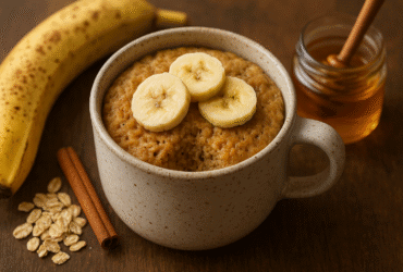 Bolo de caneca de aveia e banana, uma opção de lanche rápido e saudável, servido quente em uma xícara de cerâmica.