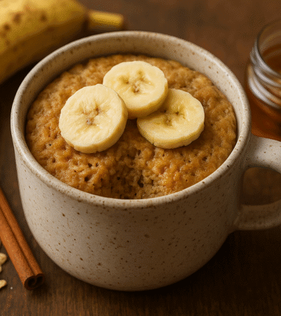 Bolo de caneca de aveia e banana, uma opção de lanche rápido e saudável, servido quente em uma xícara de cerâmica.