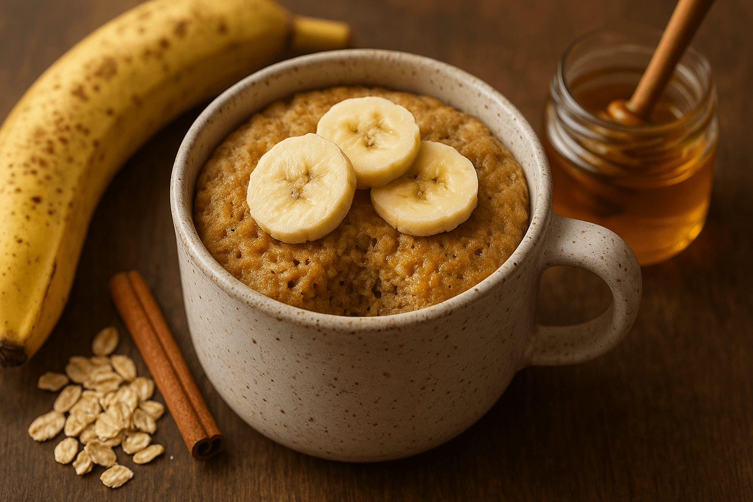 Bolo de caneca de aveia e banana, uma opção de lanche rápido e saudável, servido quente em uma xícara de cerâmica.