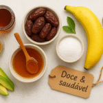 Guia visual para substituir o açúcar, mostrando alternativas naturais como mel, tâmaras, xilitol, estévia e açúcar de coco em frascos de vidro.