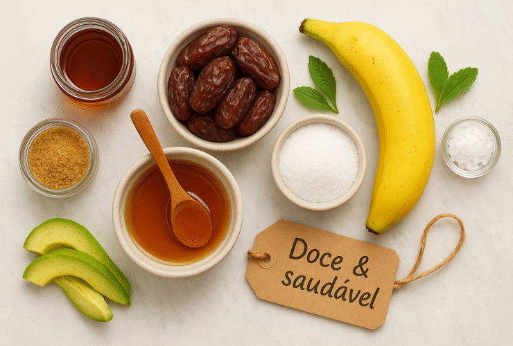 Guia visual para substituir o açúcar, mostrando alternativas naturais como mel, tâmaras, xilitol, estévia e açúcar de coco em frascos de vidro.