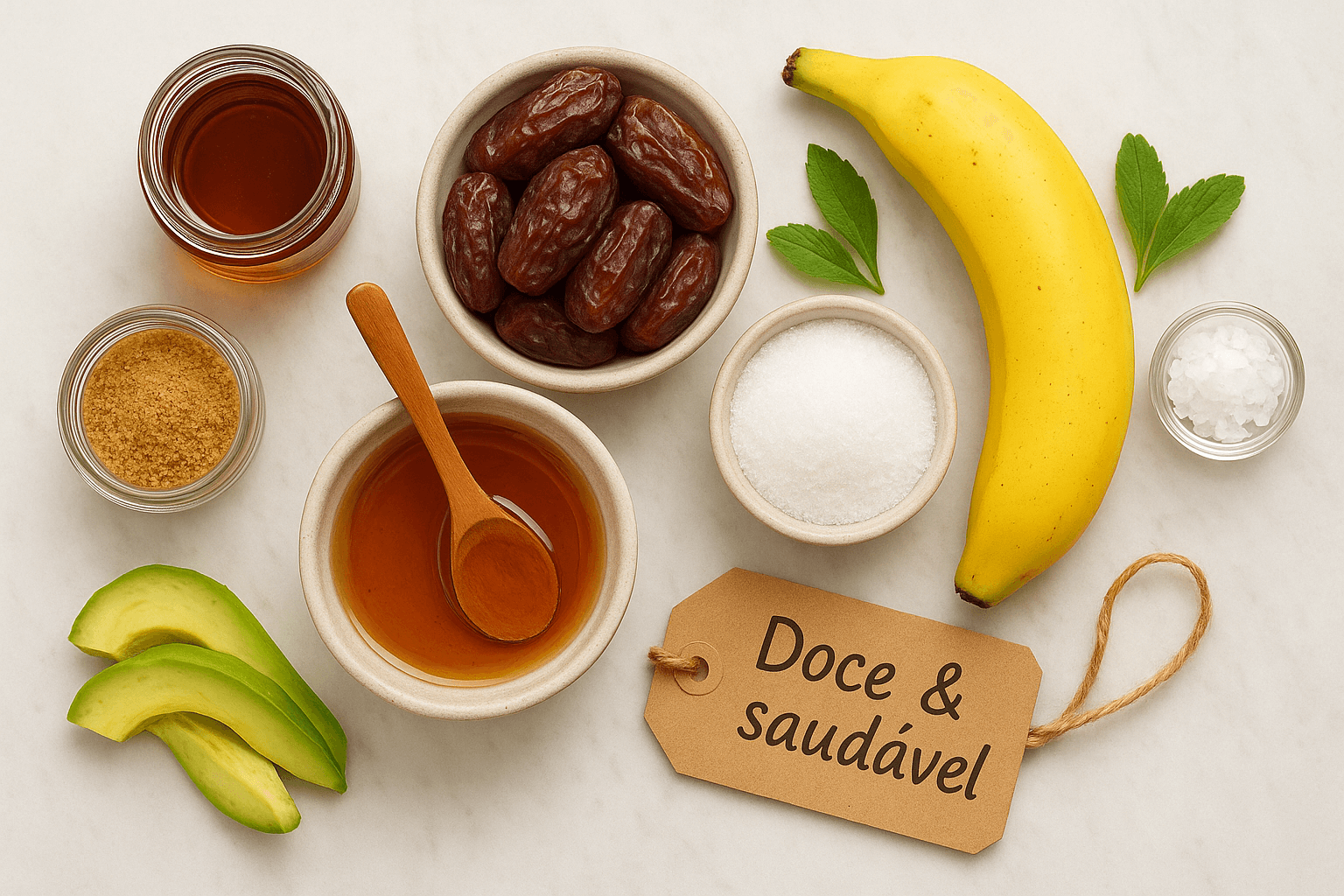 Guia visual para substituir o açúcar, mostrando alternativas naturais como mel, tâmaras, xilitol, estévia e açúcar de coco em frascos de vidro.