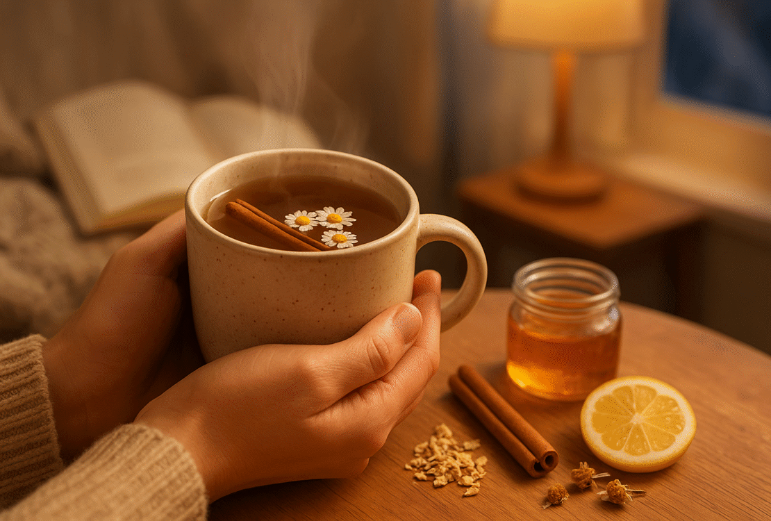 Xícara de chá calmante com canela em pau e camomila, uma bebida natural para reduzir a ansiedade e promover o relaxamento.