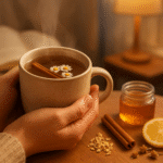 Xícara de chá calmante com canela em pau e camomila, uma bebida natural para reduzir a ansiedade e promover o relaxamento.