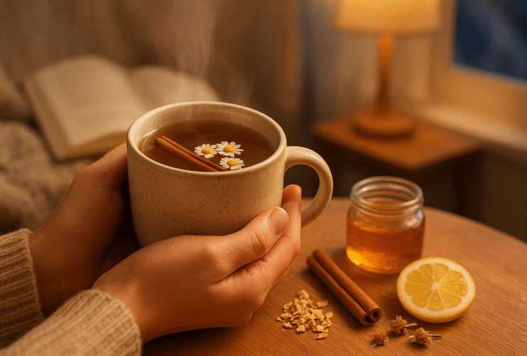 Xícara de chá calmante com canela em pau e camomila, uma bebida natural para reduzir a ansiedade e promover o relaxamento.