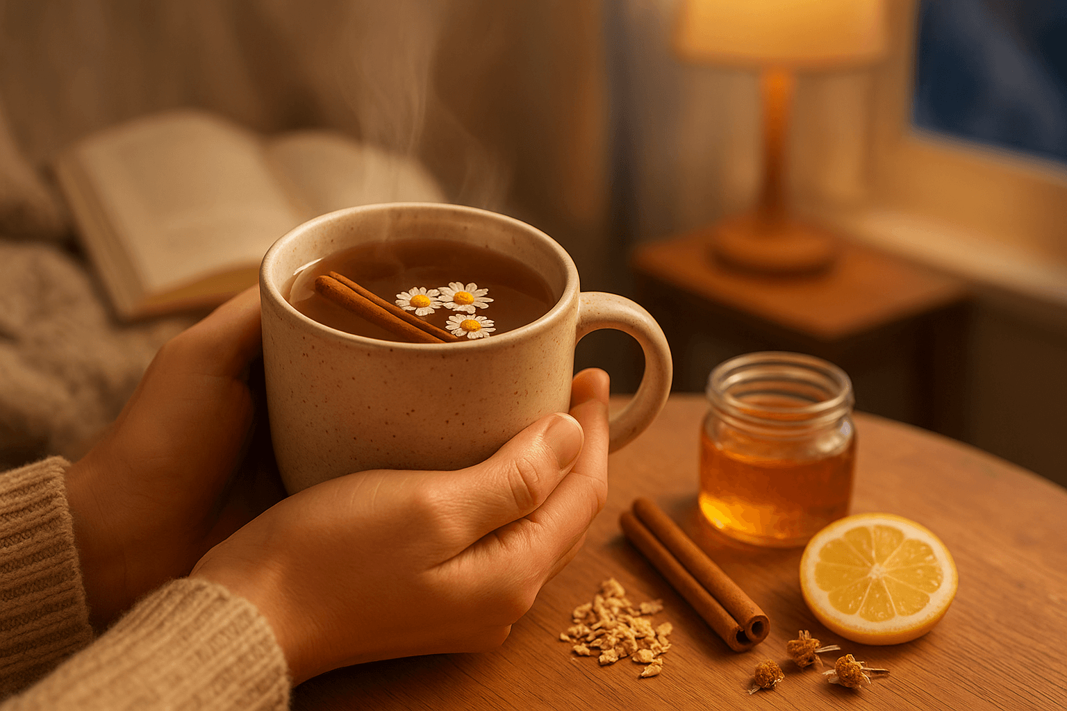 Xícara de chá calmante com canela em pau e camomila, uma bebida natural para reduzir a ansiedade e promover o relaxamento.